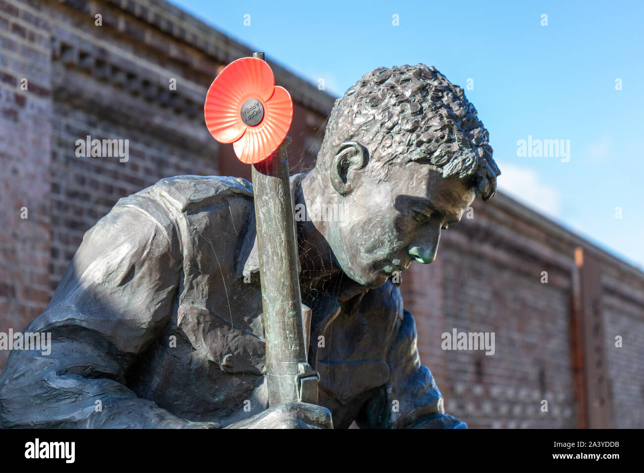A statue of a world war two soldier with a red poppy attached to his rifle Stock Photo