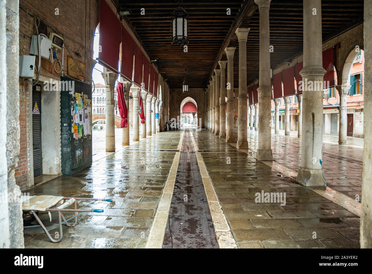 The famous fish market near the Rialto Bridge in Venice - Italy, when it is empty and clean at the end of a working day. Stock Photo
