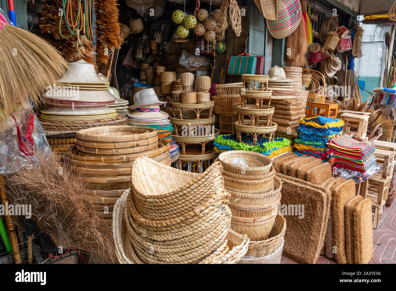 Close up on various beautiful handmade rattan stuff in a typical store. Thailand. Stock Photo