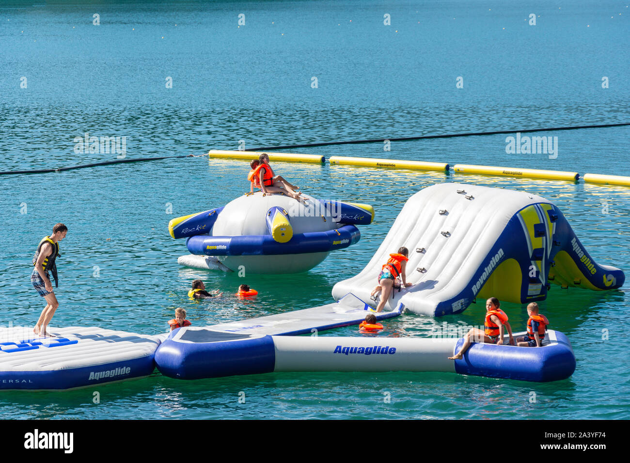 Floating Aquapark Slides At Grajsko Kopalisce Lido Lake Bled Bled