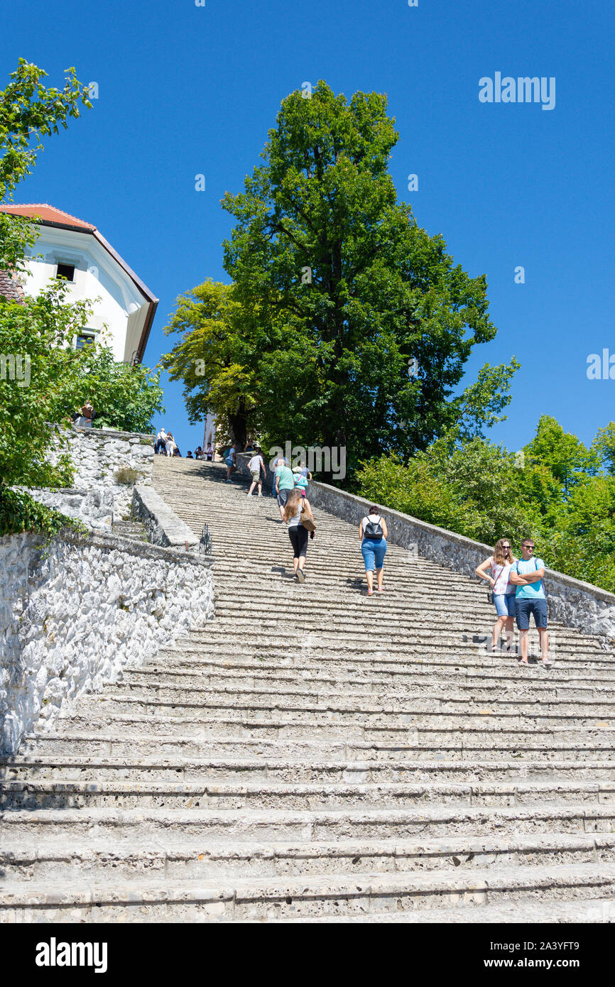 Baroque stairs to Assumption of Mary Church, Bled Island (Blejski otok), Lake Bled, Bled, Upper Carniola Region, Slovenia Stock Photo