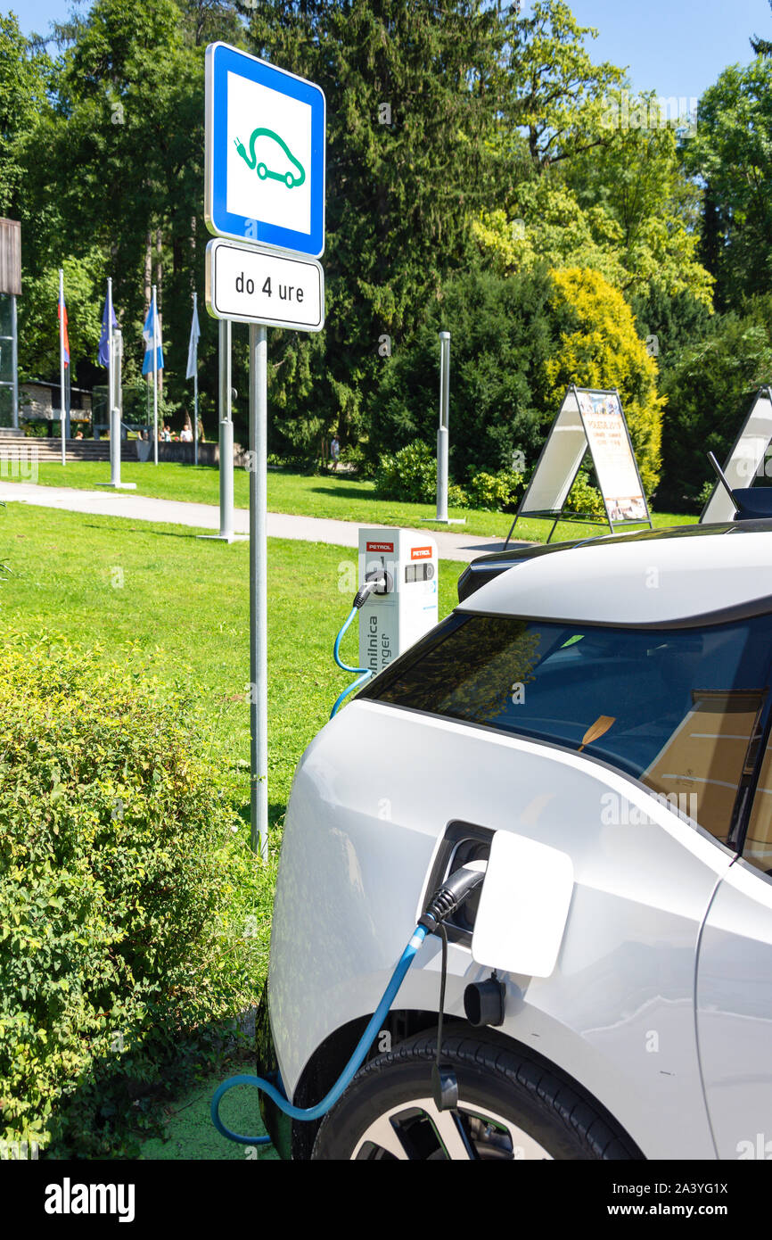 BMWi3 electric car at charging unit, Cesta svobode, Lake Bled, Bled, Upper Carniola Region, Slovenia Stock Photo