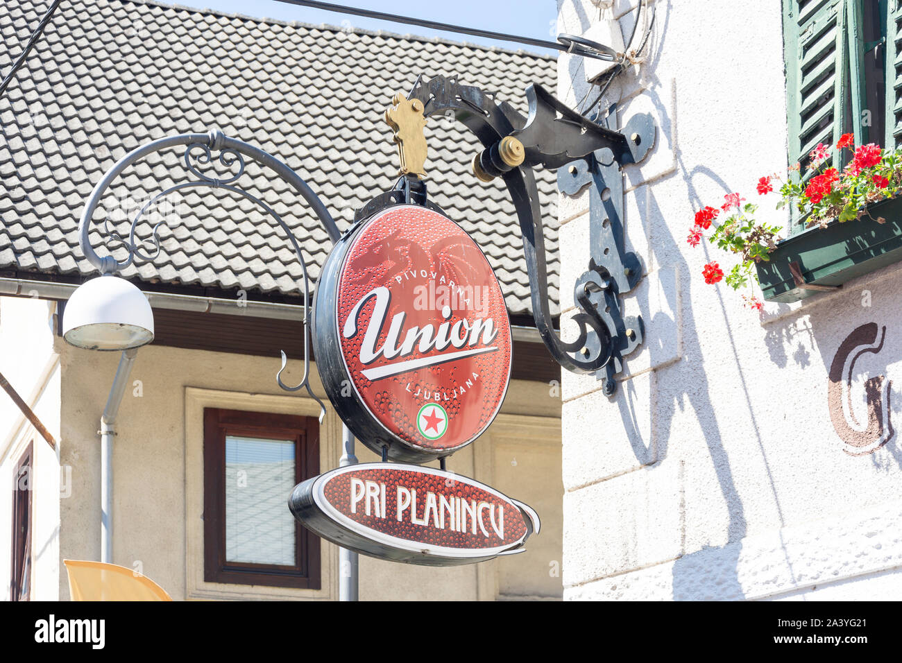 Costalina Pri Planincu Restaurant sign, Grajska cesta, Lake Bled, Bled, Upper Carniola Region, Slovenia Stock Photo