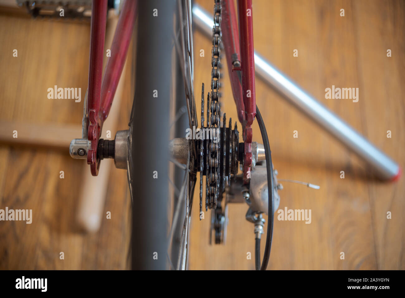 Road Bicycle cassette looked from the back. Red bicycle with isolated cassette Stock Photo