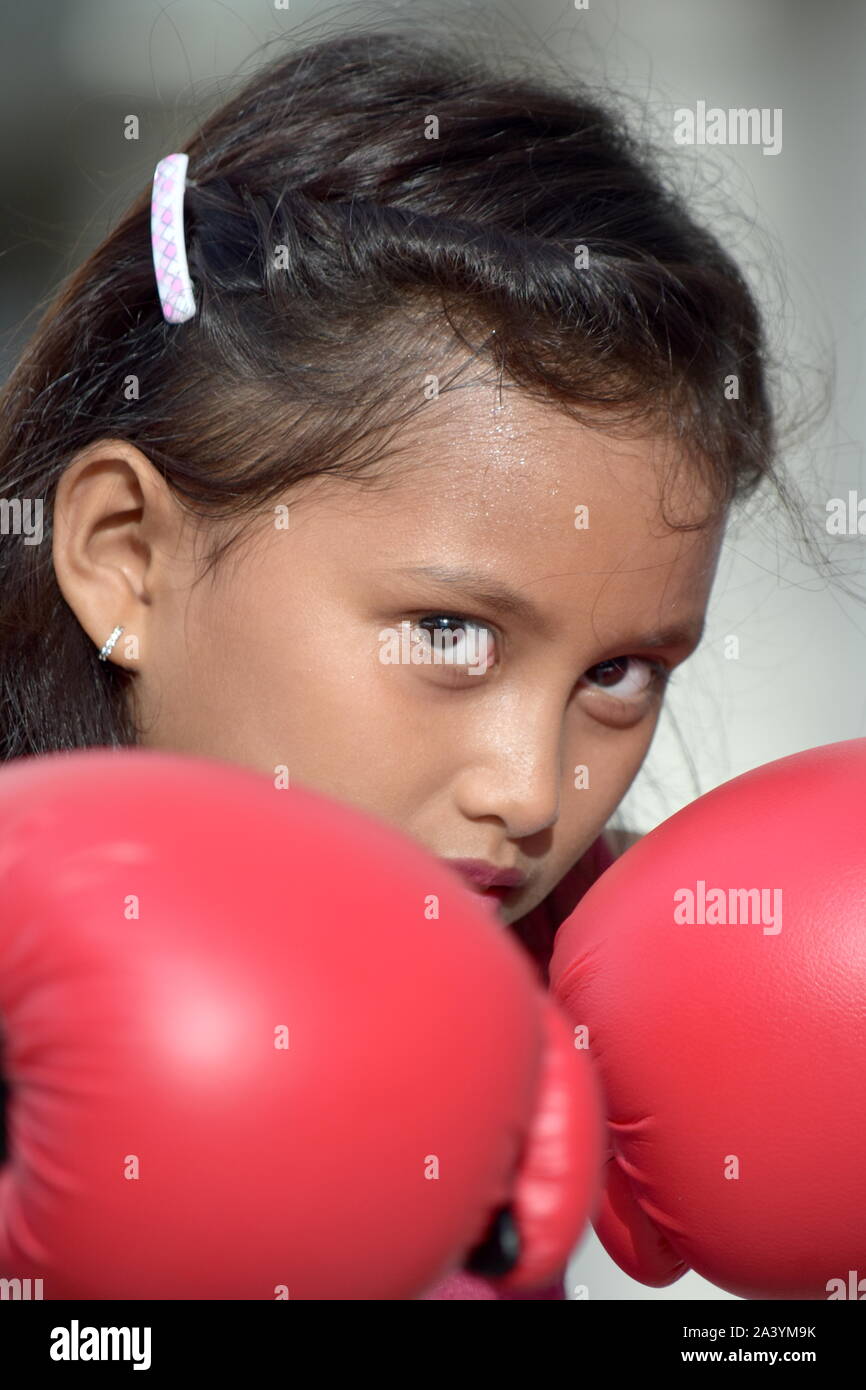 Pretty Fit Filipina Female Boxer Child Athlete Wearing Boxing Gloves Stock Photo