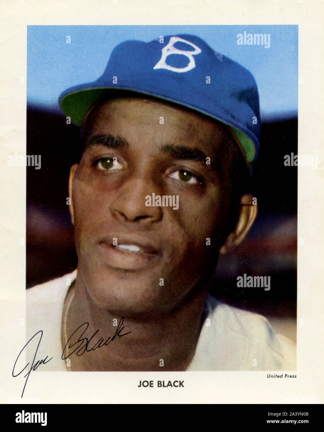 Classic 1950s era autographed color photo of star player Joe Black with the Brooklyn Dodgers Stock Photo