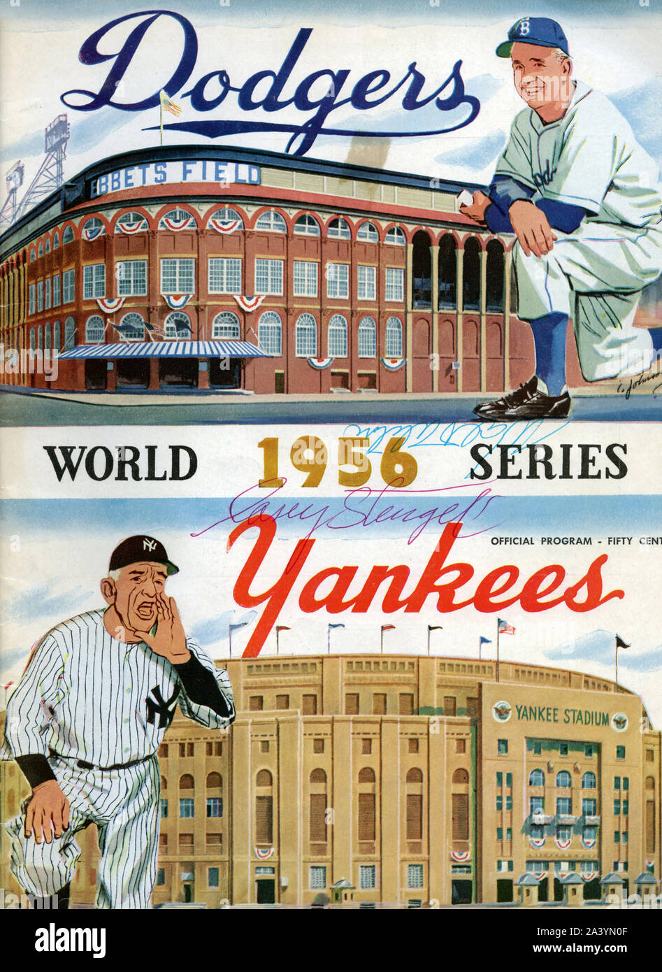 Vintage 1956 World Series program cover featuring the New York Yankees versus the Brooklyn Dodgers in New York. Stock Photo