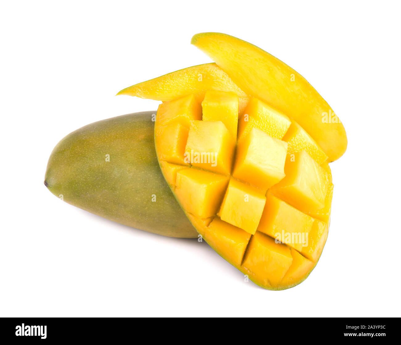 Mango fruit, cubes and mango slices, isolated on a white background Stock Photo