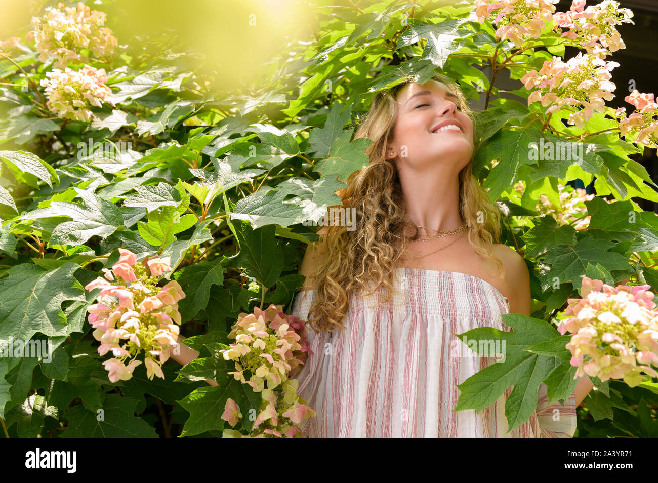 Smiling young woman among flowers Stock Photo