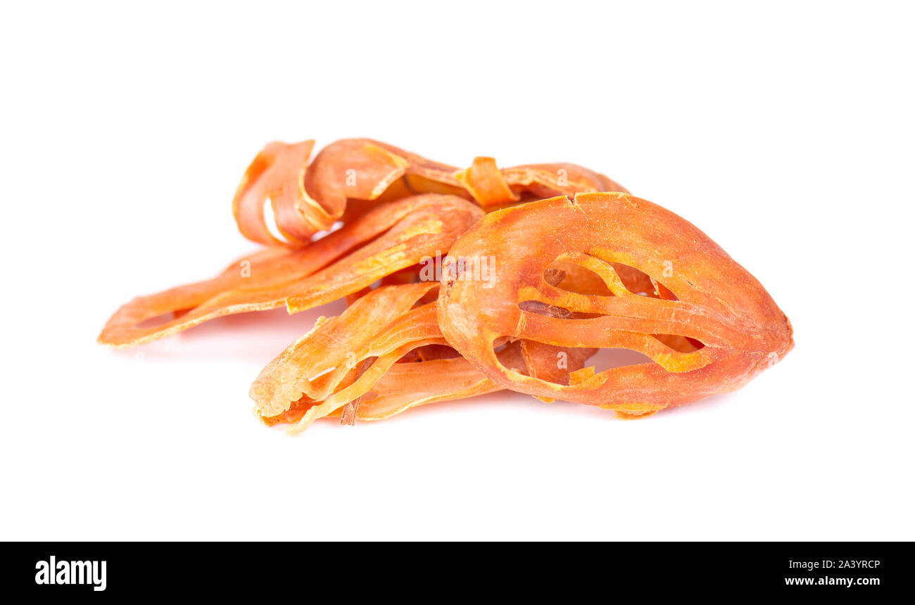 Mace, nutmeg flower, myristica fragrans, isolated on white background. Natural spice in Indian