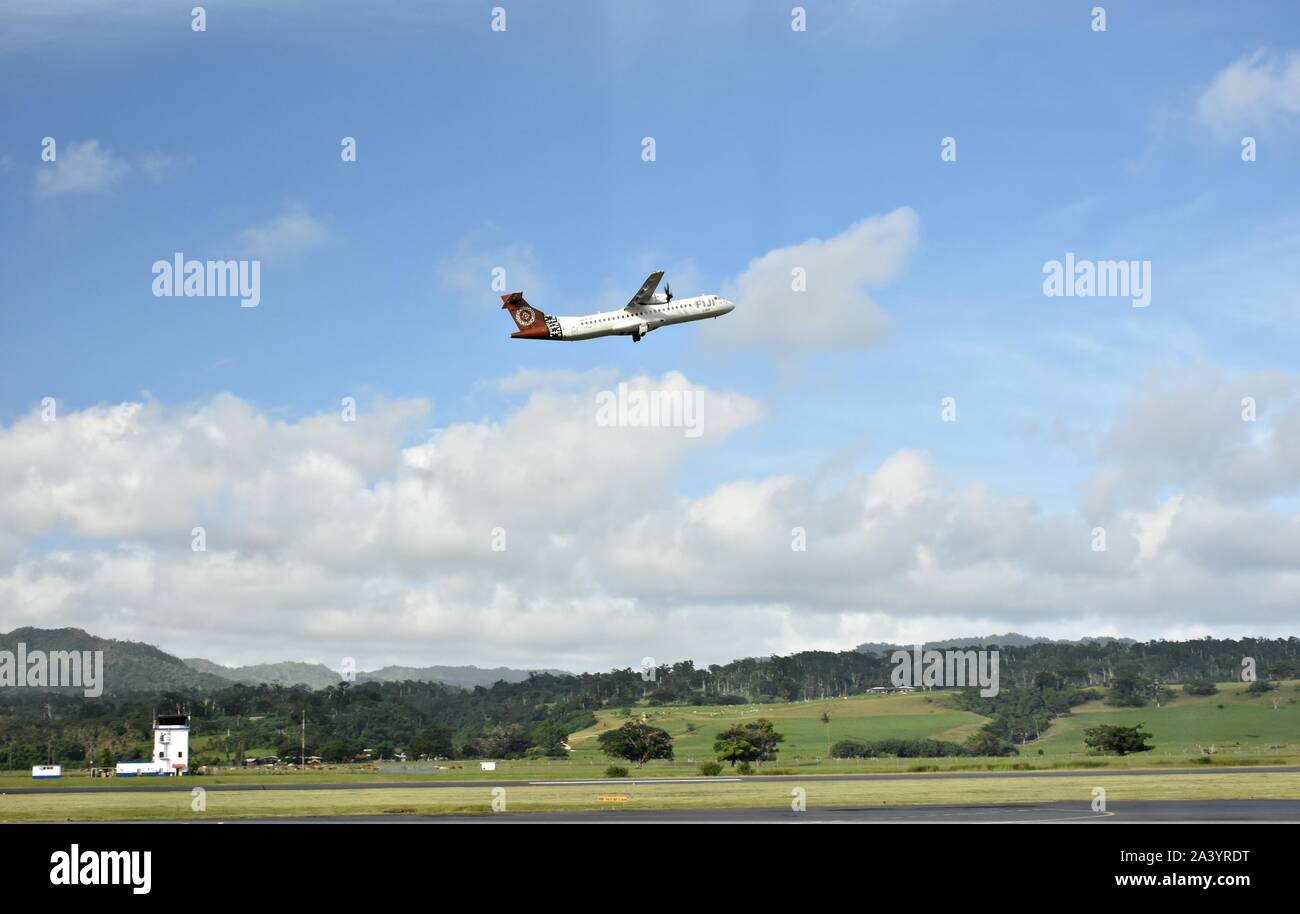 Fiji Airways, ATR 72, Taking off, At Bauerfild International Airport, Port Vila, Vanuatu, Stock Photo