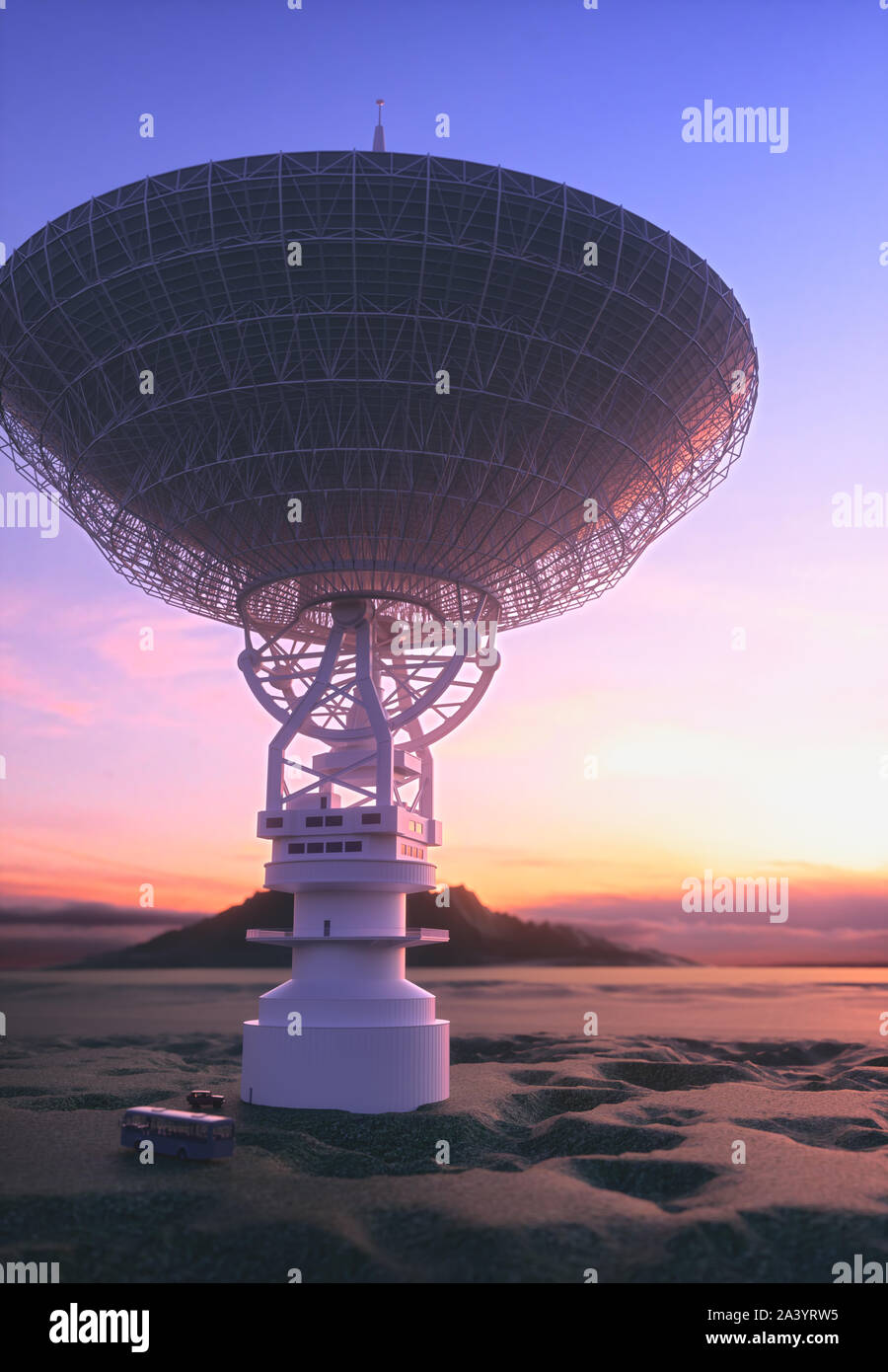Huge satellite antenna dish for communication and signal reception out of the planet Earth. Observatory searching for radio signal in space at sunset. Stock Photo