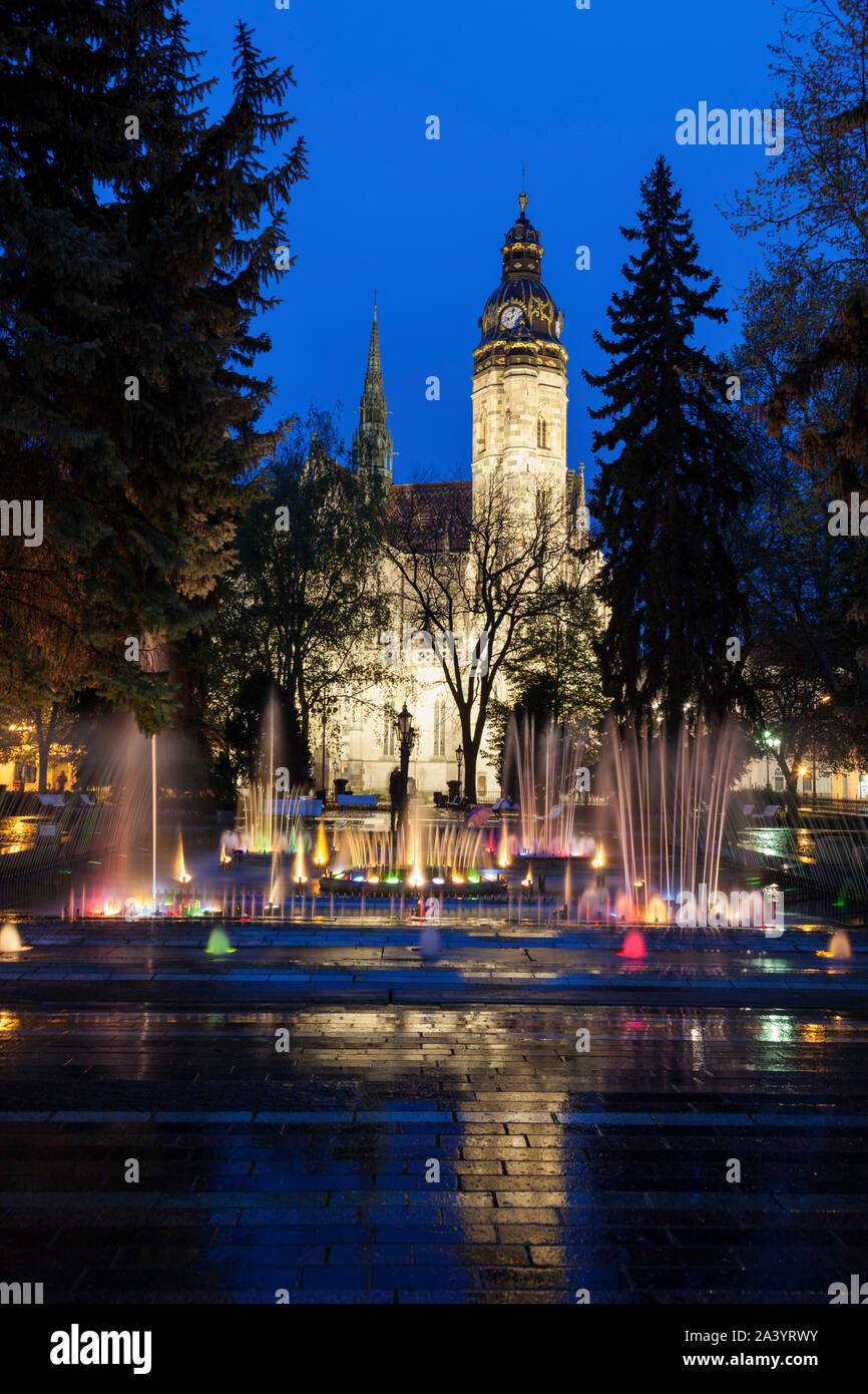 Fountain by St. Elisabeth Cathedral at night in Kosice, Slovakia Stock Photo