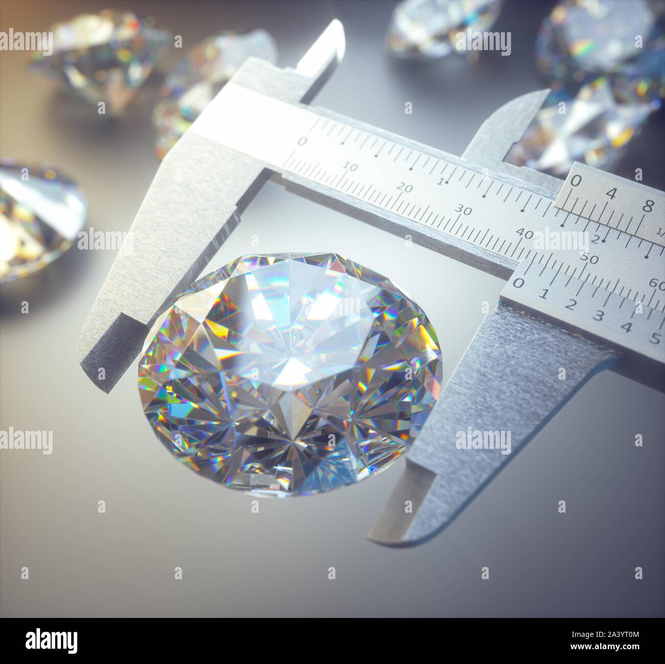 3D illustration of a huge diamond being measured by a caliper. Concept image of wealth and luxury. Stock Photo