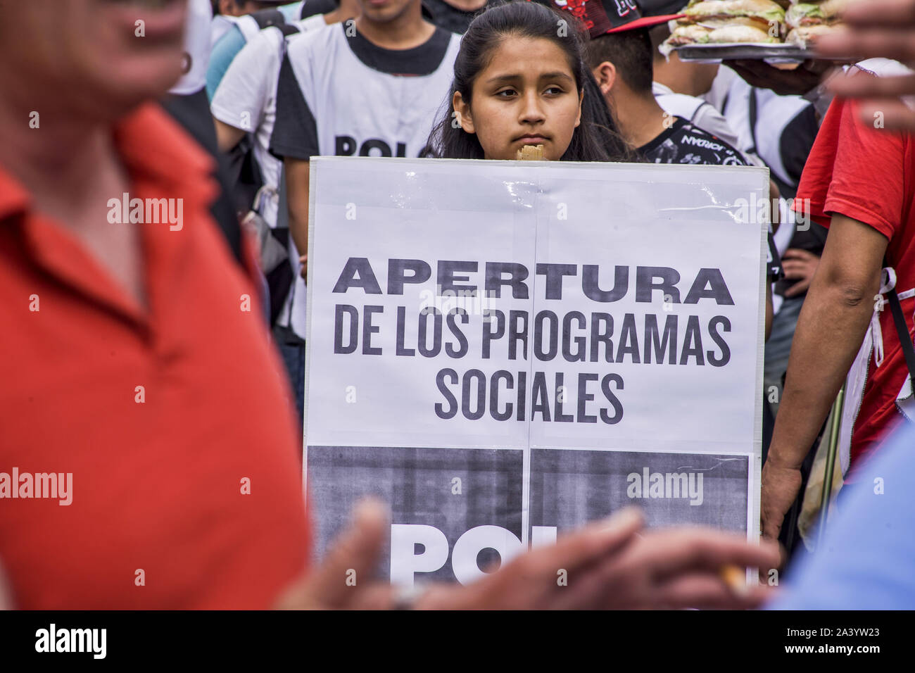 Buenos Aires, Federal Capital, Argentina. 10th Oct, 2019. A sector of the Argentine government prompted Mauricio Macri to include in his menu of campaign proposals a more stringent social assistance policy. The idea was to limit the validity of a package of plans to one year and interrupt the benefit fulfilled that period. The Minister of Security, Patricia Bullrich, and the vice president candidate, Miguel Pichetto, are driving the initiative. Credit: ZUMA Press, Inc./Alamy Live News Stock Photo