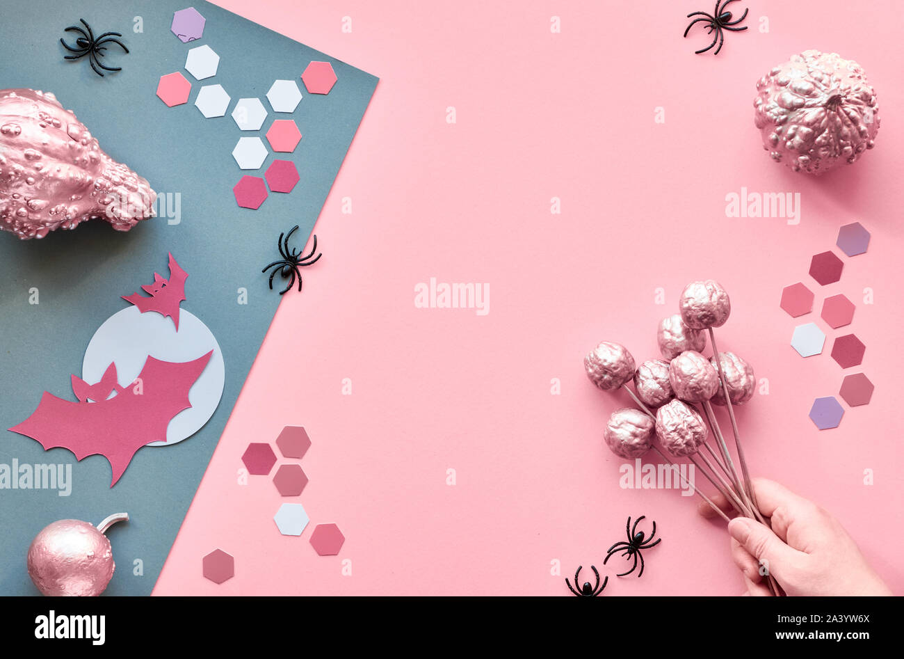 Creative Paper Craft Halloween Flat Lay On Pink And Grey Split Paper 