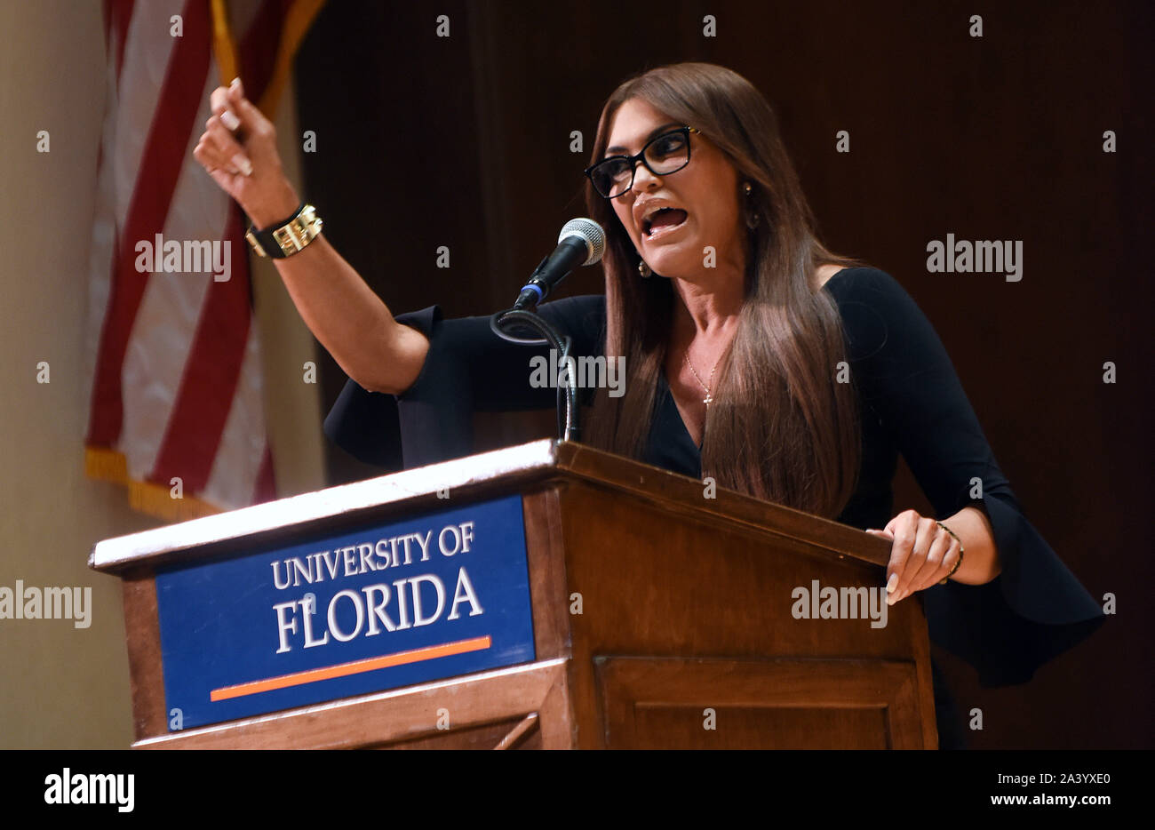 Gainesville, United States. 10th Oct, 2019. Donald Trump Jr.'s girlfriend, Kimberly Guilfoyle speaks to the students at the University of Florida. Credit: SOPA Images Limited/Alamy Live News Stock Photo