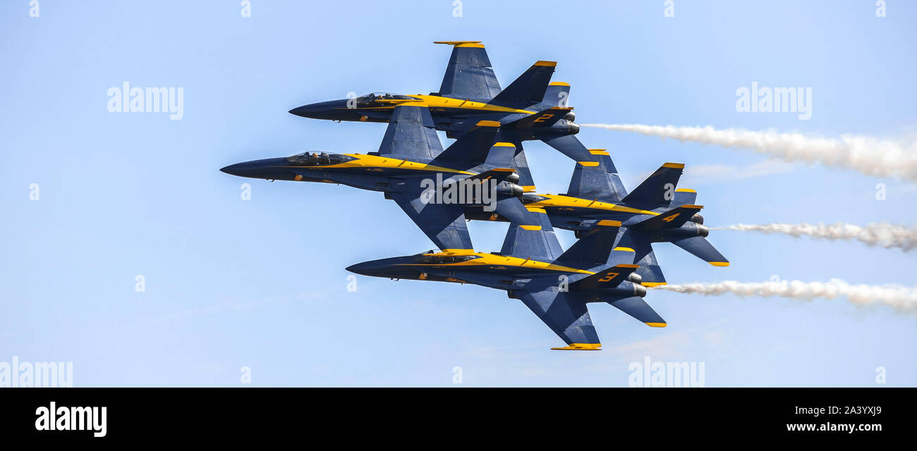 The U.S. Navy Blue Angels Jet Team demonstrate the capabilities of the F/A-18 Hornet during the 2019 Capital Air Show at Mather Field, California Oct. 6, 2019. The 2019 Capital Air Show features the U.S. Navy Blue Angels, assets from four of the California Air National Guard Wings and various vintage aircraft from around the world. (U.S. Air National Guard photo by Tech. Sgt. Christian Jadot) Stock Photo