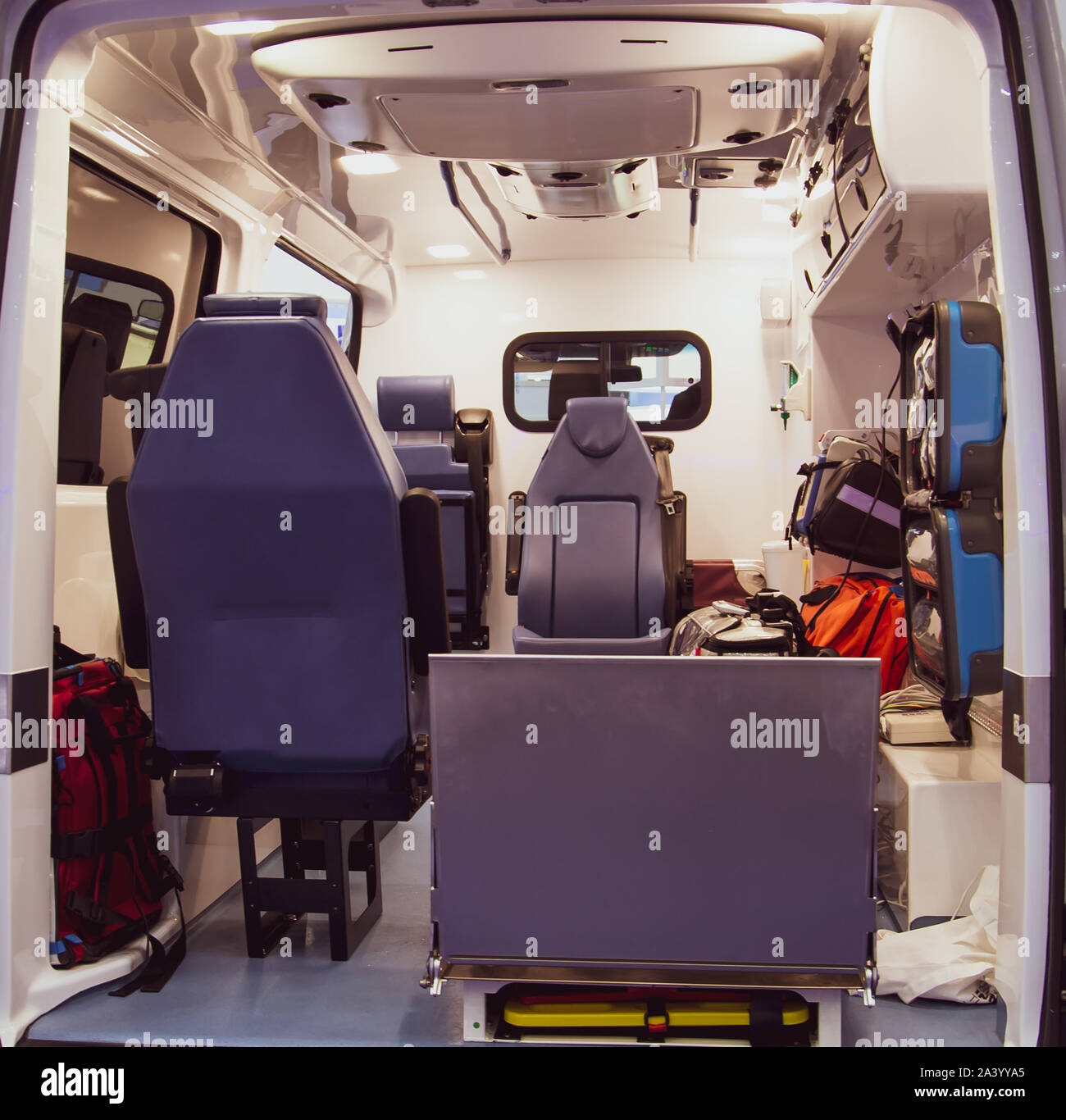 Interior of an ambulance with bed and patient care equipment Stock