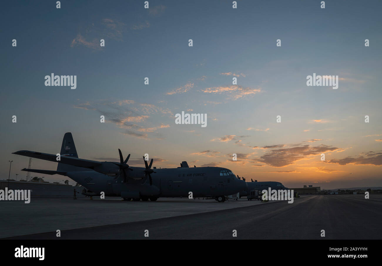 Two C-130J Super Hercules aircraft, assigned to the 75th Expeditionary ...