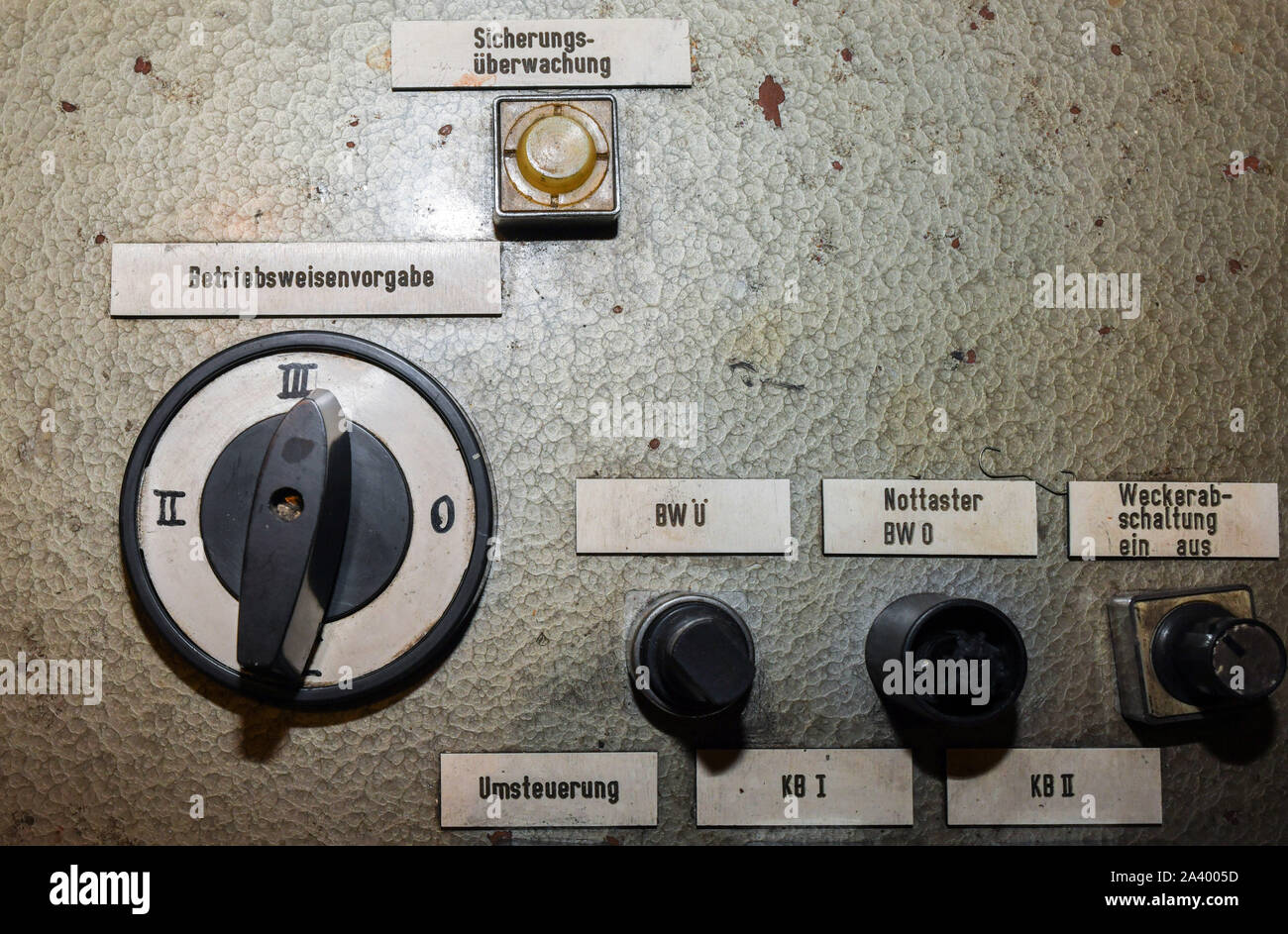 01 October 2019, Brandenburg, Strausberg: The 'Mode of Operation Specification' and 'Security Monitoring' buttons are used to lock down the entire bunker in the former telecommunications bunker of the GDR postal ministry of the Berlin association 'Orte der Geschichte e.V.', which was completed in 1984. Old bunkers are usually only for military historians and hobby researchers. In Strausberg it's going to be different: A Berlin club wants to turn the underground labyrinth from the Cold War era into an unusual cultural site. The beginning is already made. (to 'Culture instead of the Cold War - E Stock Photo