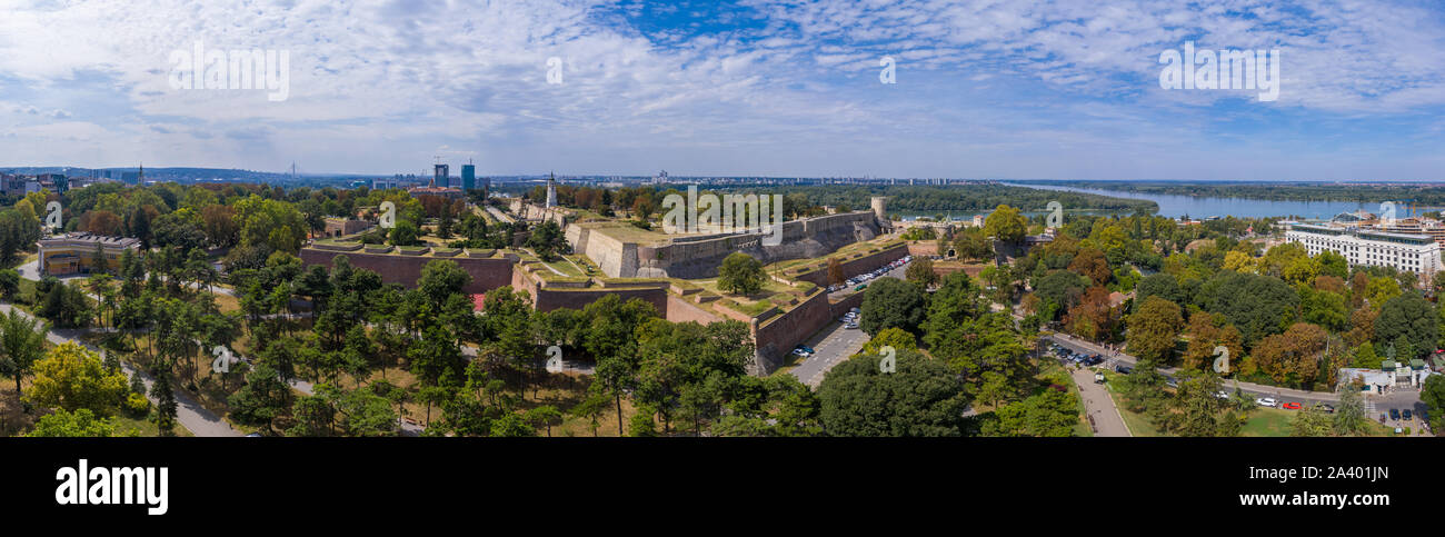 Aerial view of the castle of Beograd (Belgrade) the Kalemegdan at the meeting point of the Danube and Sava rivers in Serbia with rings of fortificatio Stock Photo