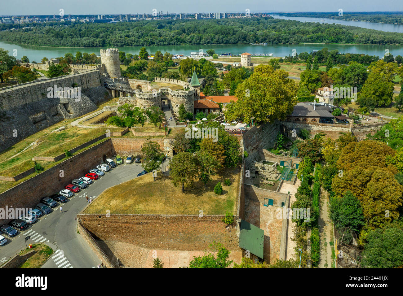 Aerial view of the Zindan gate, Zindan Kapija and Despot's Gate along with the Castellan Tower in Belgrade Castle in Serbia former Yugoslavia Stock Photo