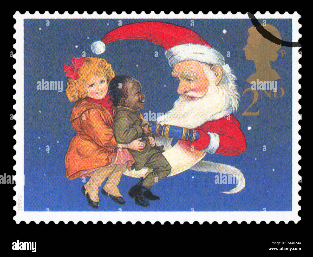 GREAT BRITAIN - CIRCA 1997: A used postage stamp from the UK, depicting an illustration of two children sitting on the lap of Father Christmas, circa Stock Photo