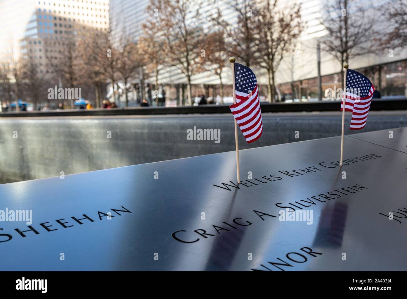 SEPTEMBER 11 COMMEMORATIVE PARK IN HONOR OF THE WORLD TRADE CENTER VICTIMS, MANHATTAN, NEW YORK, UNITED STATES, USA Stock Photo