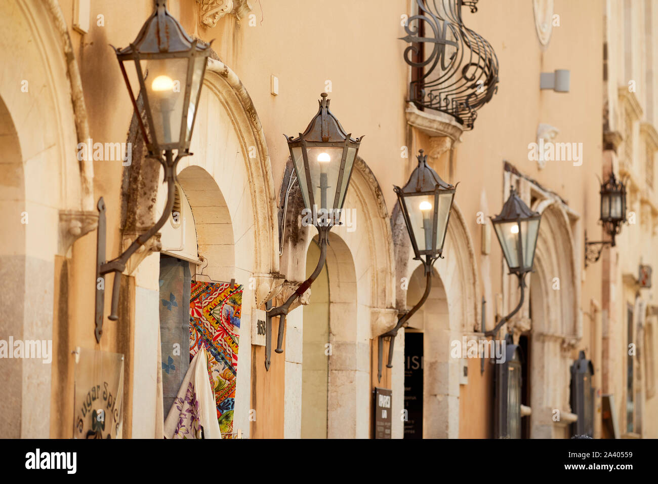 Street lamps, Taormina, Sicily Stock Photo