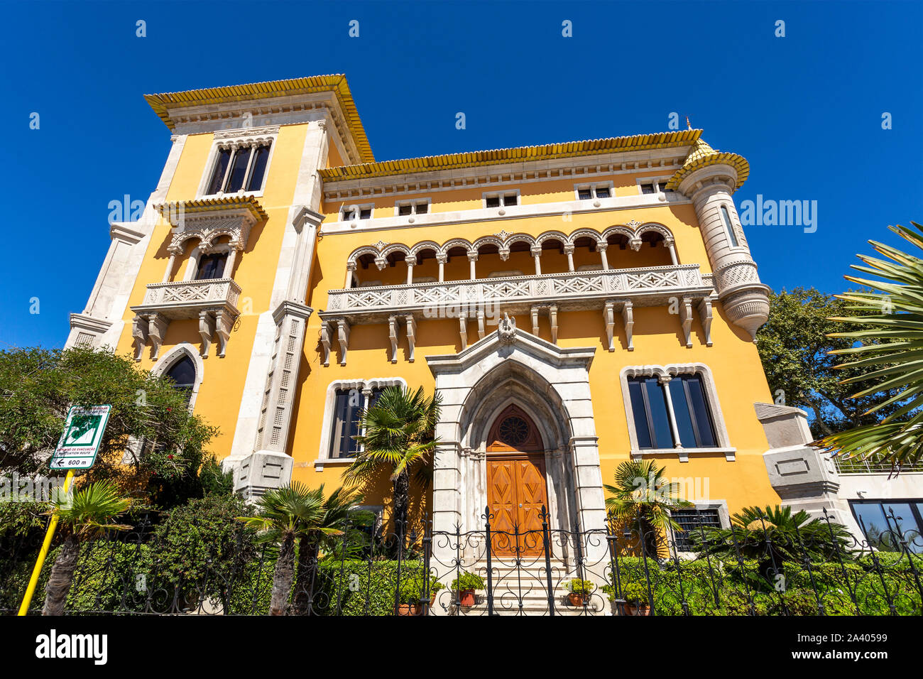 Facade of Lencastre House, a palace built in early 20th century in eclectic summer architecture with arab, neo-Manueline and neo-Gothic motifs, in Cas Stock Photo