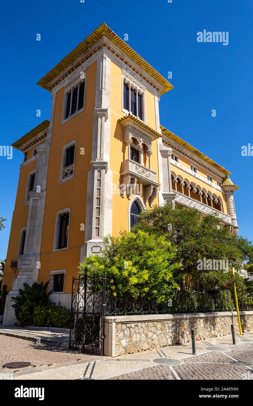 Facade of Lencastre House, a palace built in early 20th century in eclectic summer architecture with arab, neo-Manueline and neo-Gothic motifs, in Cas Stock Photo