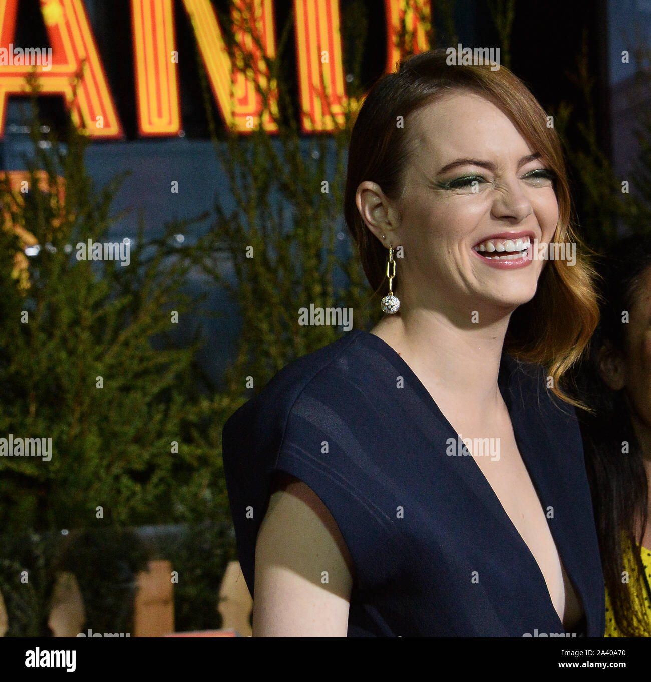 Los Angeles, United States. 10th Oct, 2019. Cast member Emma Stone attends the premiere of the motion picture horror comedy 'Zombieland: Double Tap' at the Regency Village Theatre in the Westwood section of Los Angeles on Thursday, October 10, 2019. Storyline: Columbus, Tallahassee, Wichita, and Little Rock move to the American heartland as they face off against evolved zombies, fellow survivors, and the growing pains of the snarky makeshift family. Photo by Jim Ruymen/UPI Credit: UPI/Alamy Live News Stock Photo