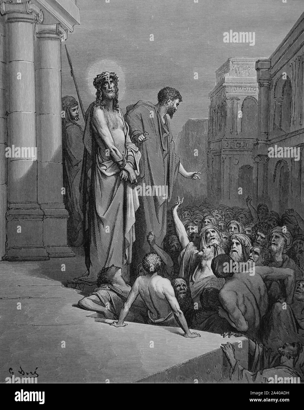 The Passion of Jesus. Christ presented to the people (John 19:15). Engraving. Bible Illustration by Gustave Dore. 19th century. Stock Photo