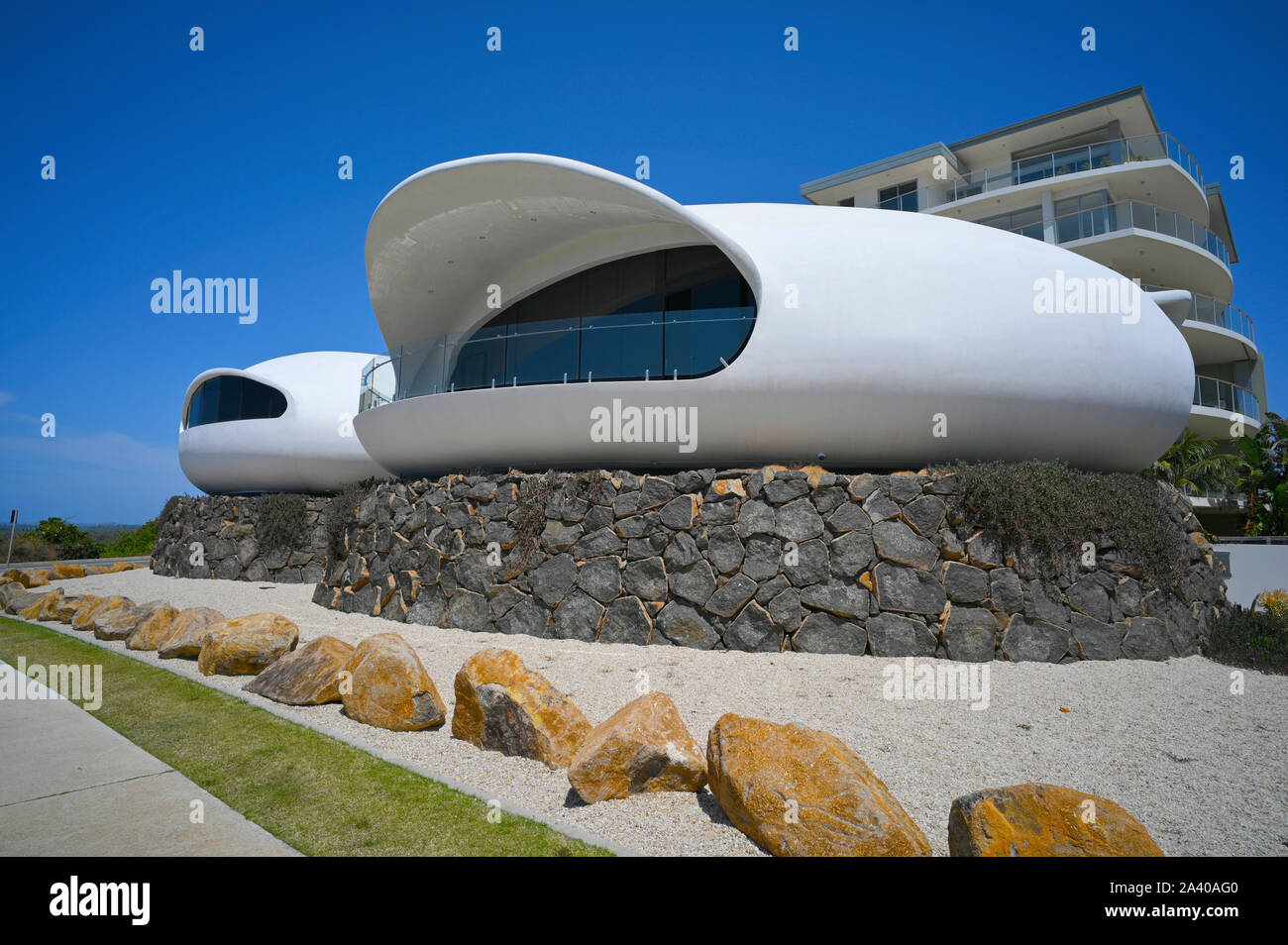A spaceaged looking pod home on the top of Duranbah Hill at the border