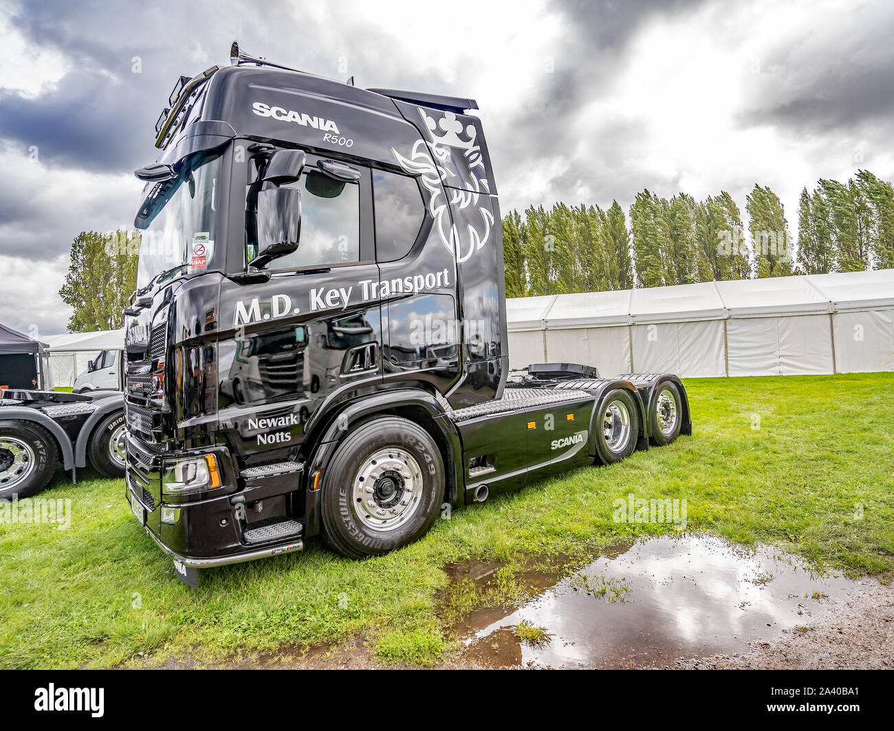 Scania R500 HGV cab owned by MD Key Transport on show at the annual Newark Truckfest Stock Photo