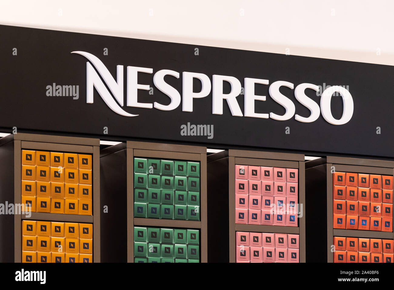 Shenzhen, Guangdong, China. 5th Oct, 2019. Nespresso logo seen in Shenzhen.A Swiss coffee capsules brand and a unit of the Nestlé Group. Credit: Alex Tai/SOPA Images/ZUMA Wire/Alamy Live News Stock Photo