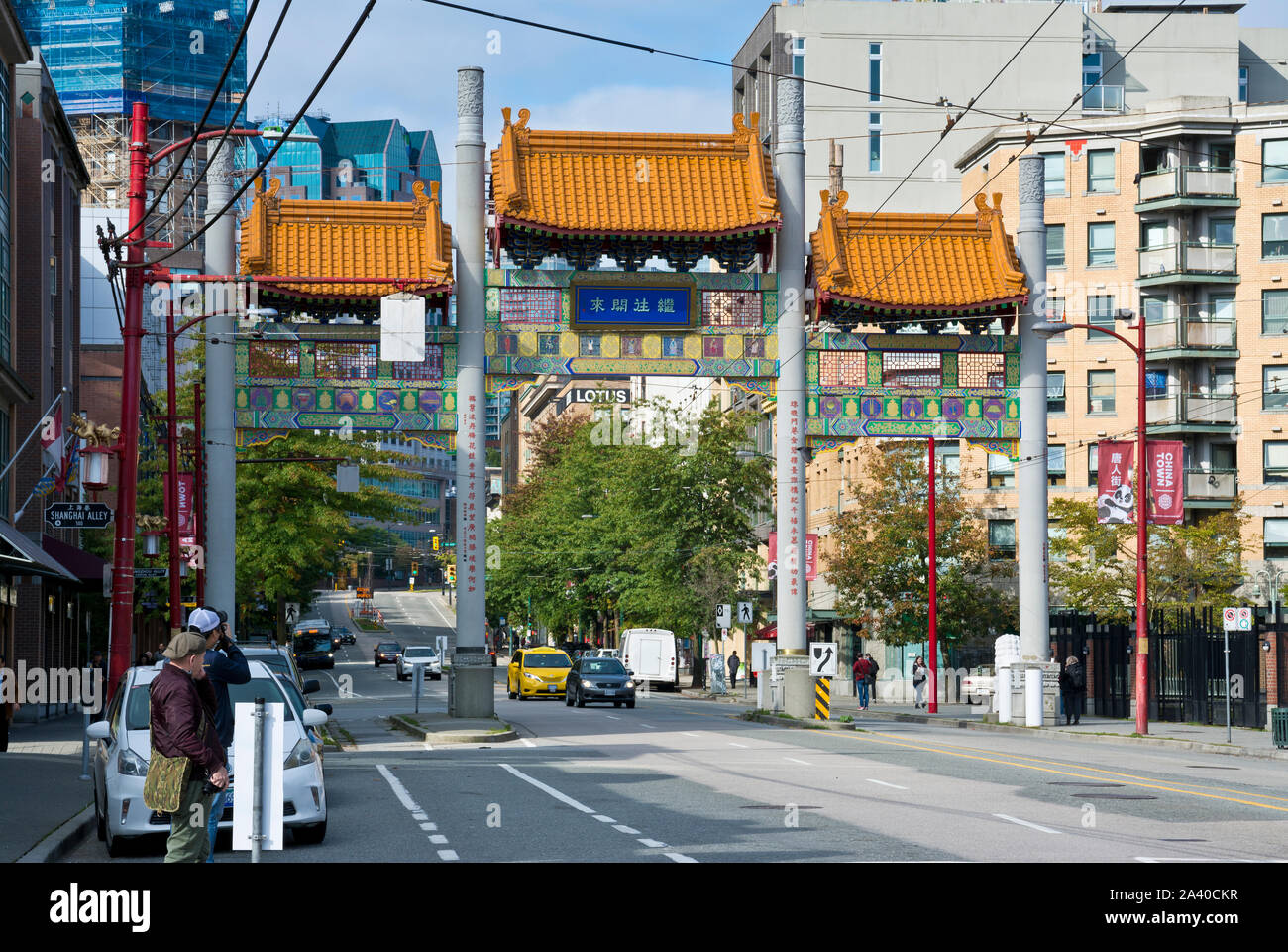 Millennium Gate in Vancouver BC Chinatown in the Autumn 2019. Street scene is Chinatown, Vancouver Canada. Stock Photo