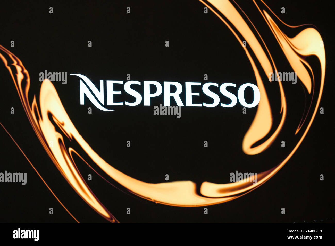 Nespresso logo seen in Shenzhen. A Swiss coffee capsules brand and a unit of the Nestlé Group. Stock Photo