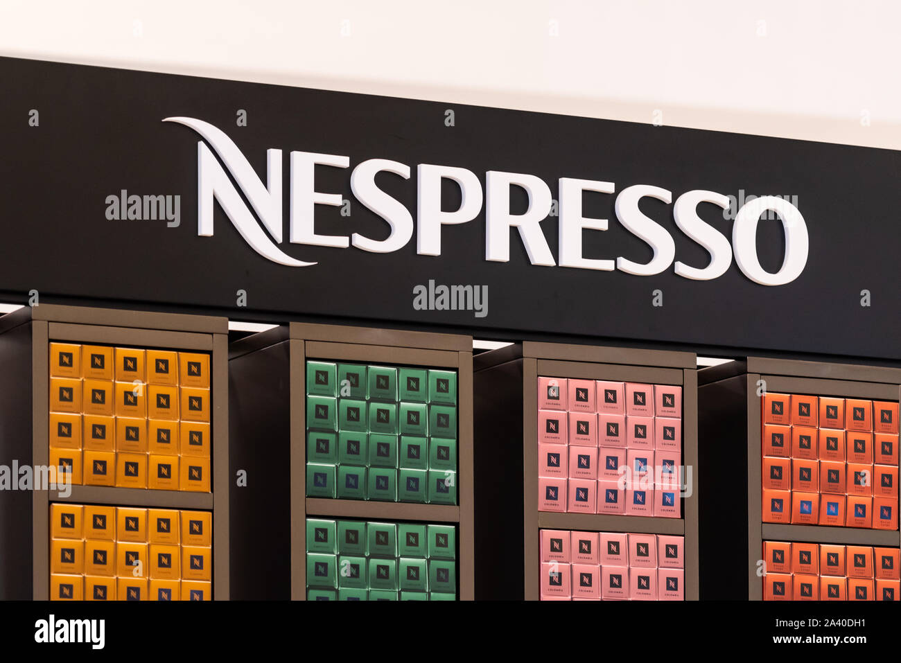 Nespresso logo seen in Shenzhen.A Swiss coffee capsules brand and a unit of the Nestlé Group. Stock Photo