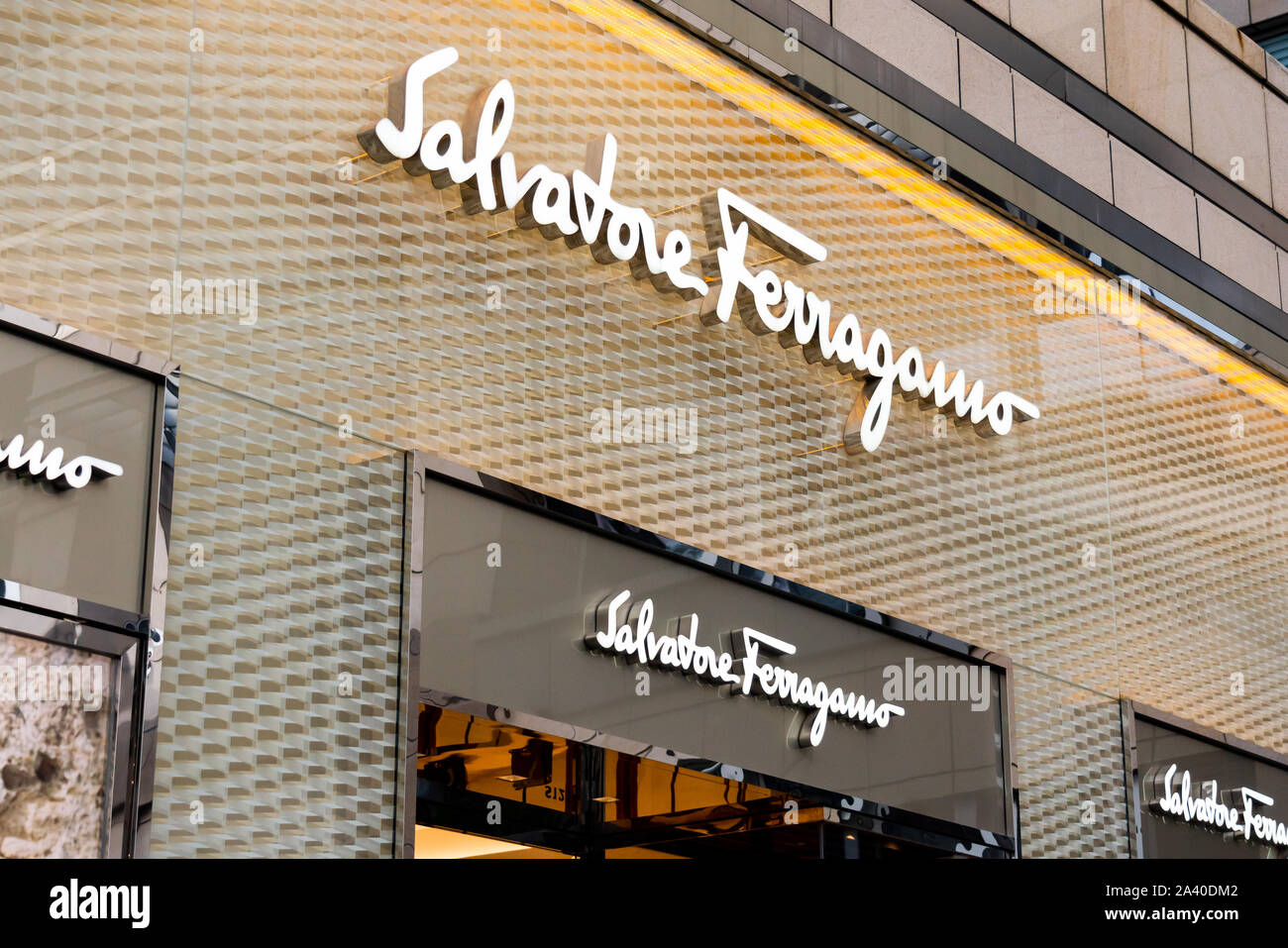 Italian luxury goods high-end retailer Salvatore Ferragamo store and logo seen in Shenzhen. Stock Photo