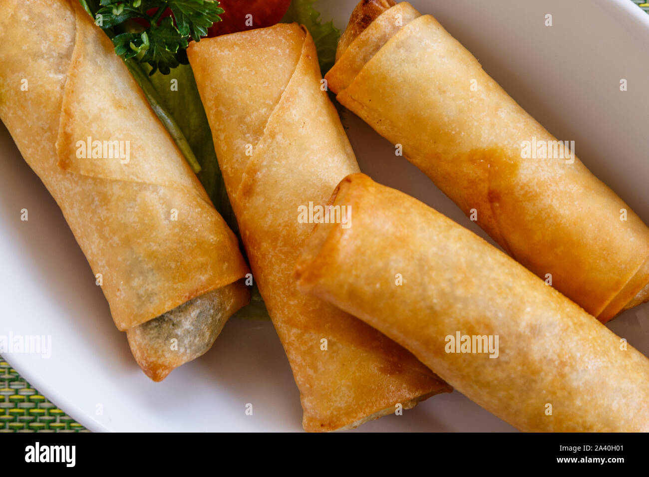 Vietnamese fried spring rolls on a white ceramic plate. Top view. Stock Photo