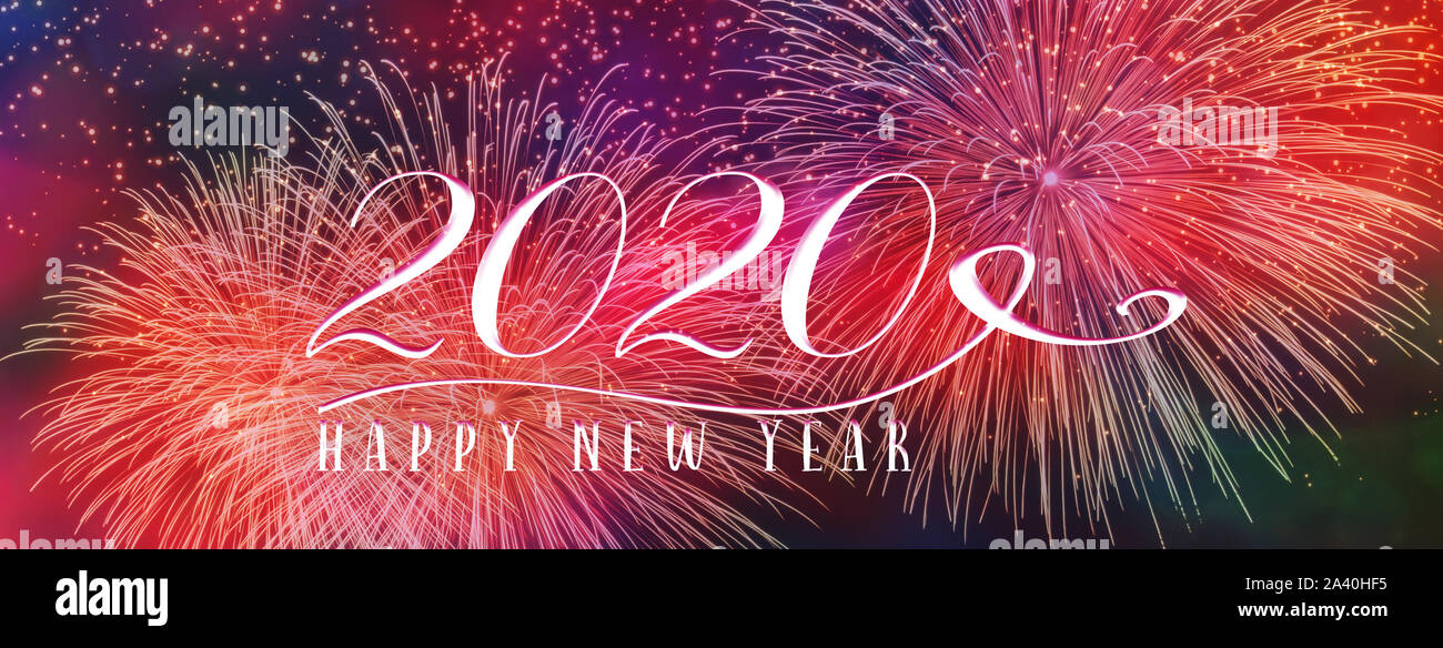 New Year Holiday 2020 background banner with fireworks and seasonal quote. Scales to fit a facebook header. Perfect for social media influencers and b Stock Photo