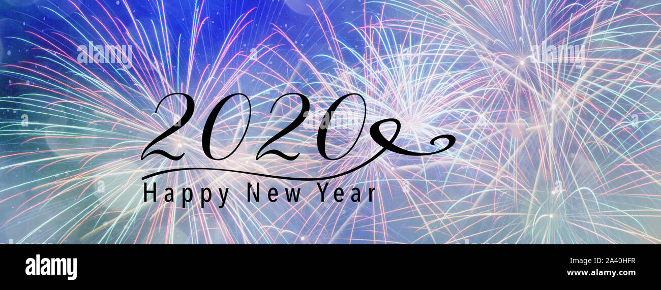 New Year Holiday 2020 background banner with fireworks and seasonal quote. Scales to fit a facebook header. Perfect for social media influencers and b Stock Photo