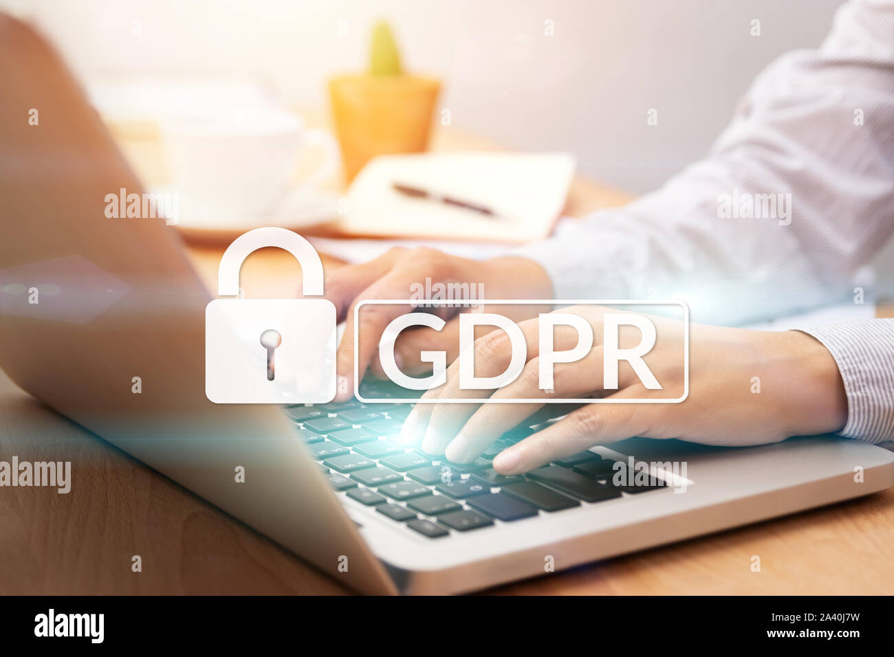 cyber security and privacy concept. people using personal computer with text GDPR or General Data Protection Regulation text secure with a padlock log Stock Photo
