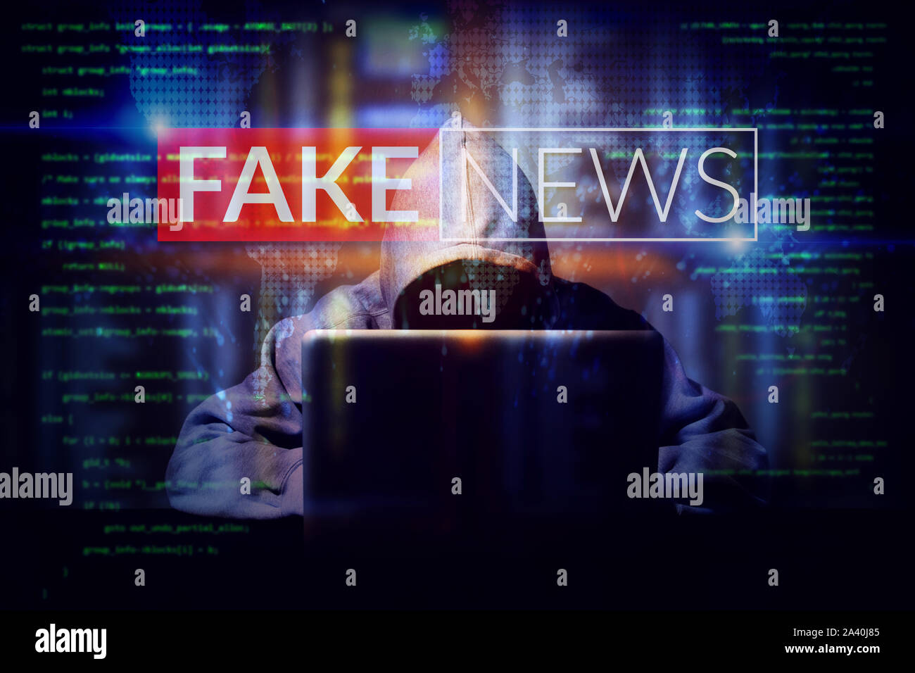 hacker working on a computer laptop, double exposure with screen of fake news. manipulated content on internet . anonymous face Stock Photo