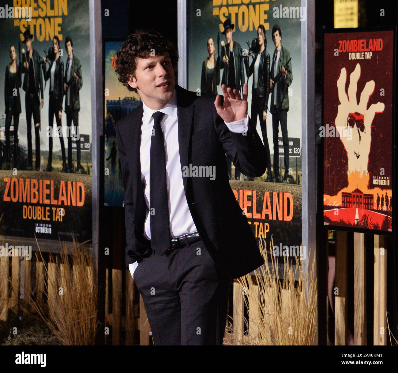 Los Angeles, United States. 10th Oct, 2019. Cast member Jesse Eisenberg attends the premiere of the motion picture horror comedy 'Zombieland: Double Tap' at the Regency Village Theatre in the Westwood section of Los Angeles on Thursday, October 10, 2019. Storyline: Columbus, Tallahassee, Wichita, and Little Rock move to the American heartland as they face off against evolved zombies, fellow survivors, and the growing pains of the snarky makeshift family. Photo by Jim Ruymen/UPI Credit: UPI/Alamy Live News Stock Photo