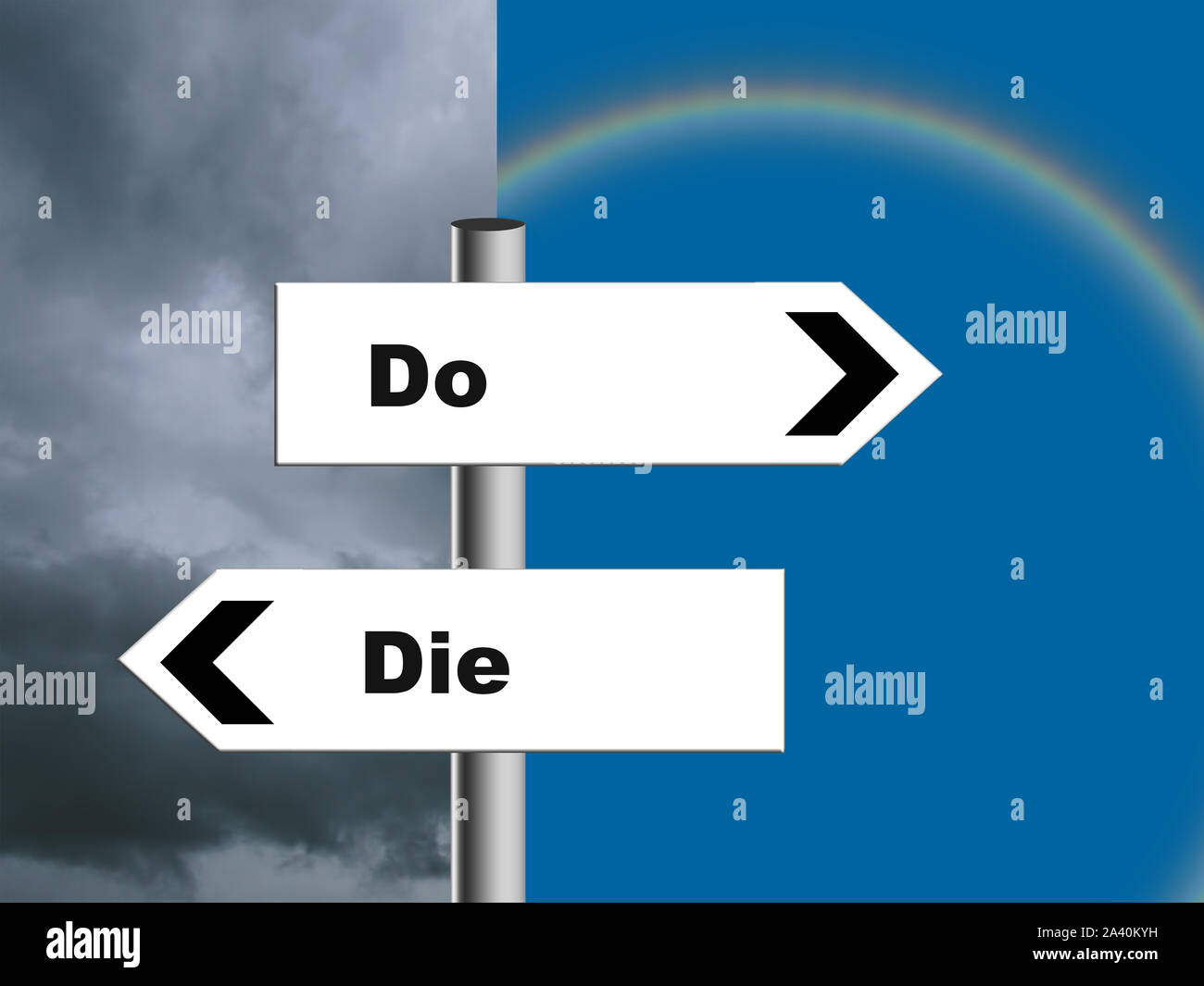 Do or Die signpost. Tory, Conservative party policy EU and UK Brexit negotiations. Storm or rainblow, blue sky. Concept. Stock Photo