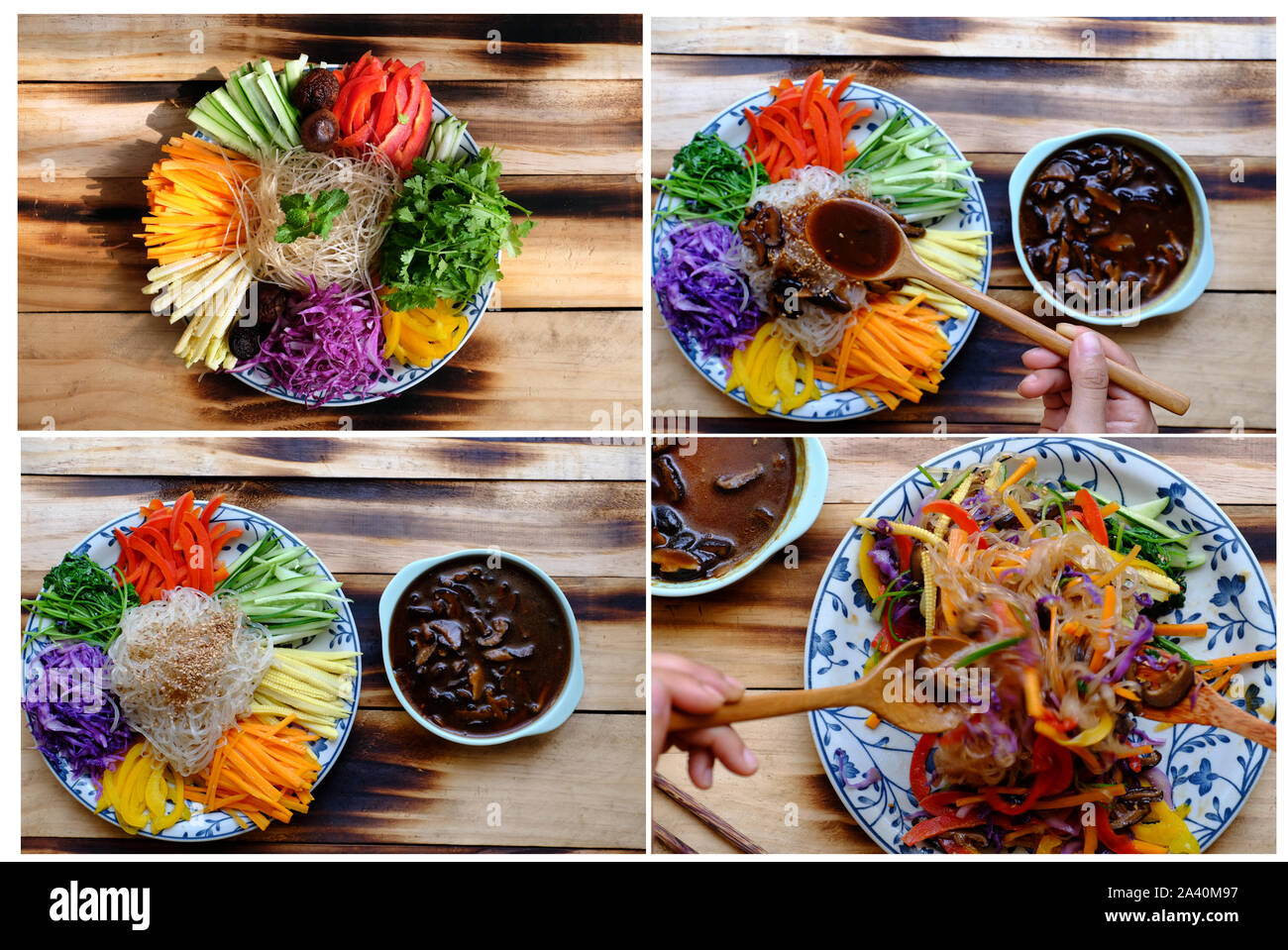 Prepare ingredient food for vegan mixed vermicelli with vegetables, red, yellow bell pepper, purple cabbage, coriander, cucumber, carrot, vegetarian Stock Photo