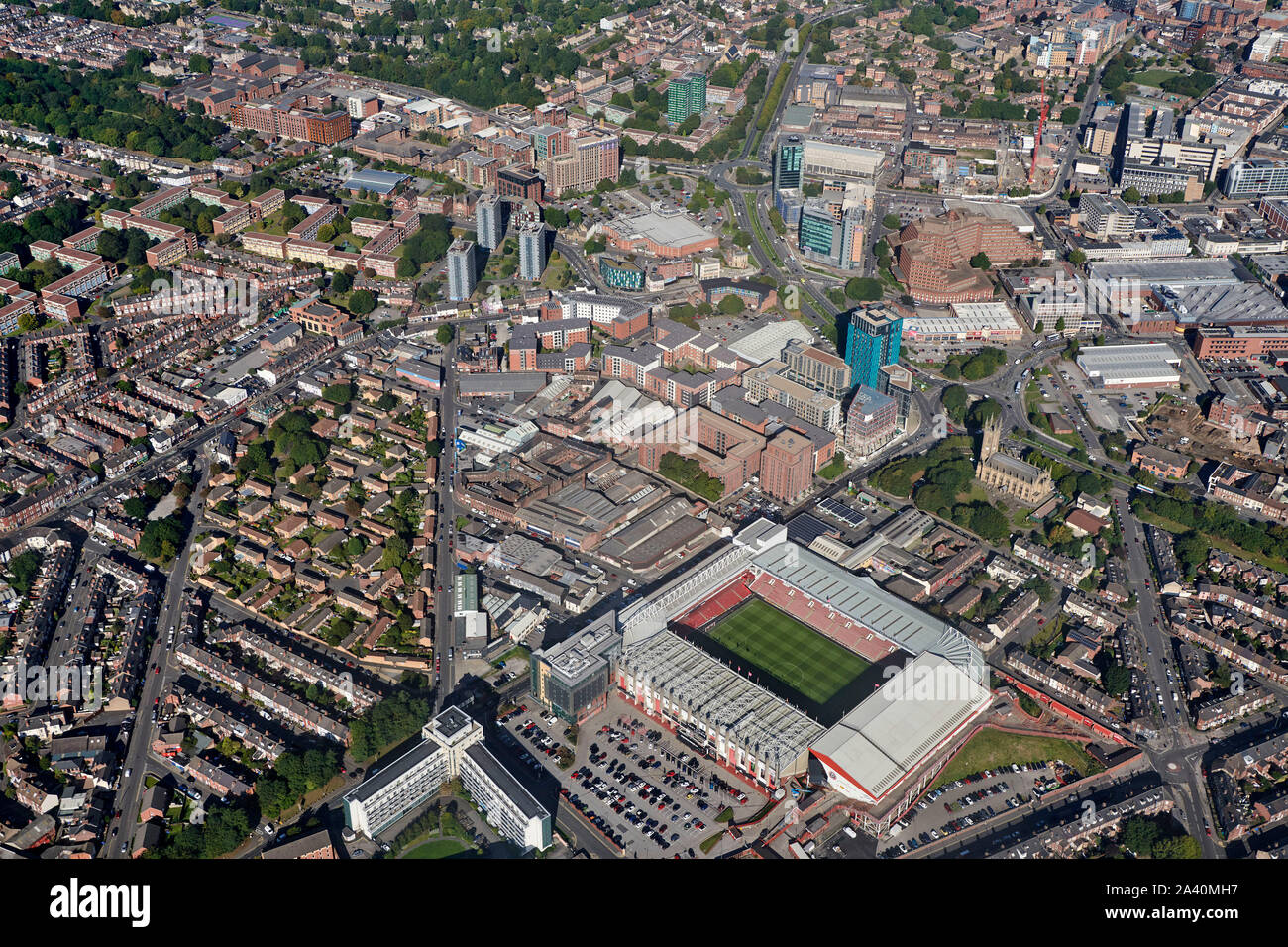 An aerial view of Sheffield city centre, South Yorkshire, Northern England, UK, Bramall Lane, home of Sheffield United, foreground Stock Photo